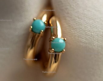 Sleeping Beauty Arizona Turquoise Hoop, Solid 14k Yellow Gold Solitaire Gemstone Hoops, Birthstone Fine Jewelry