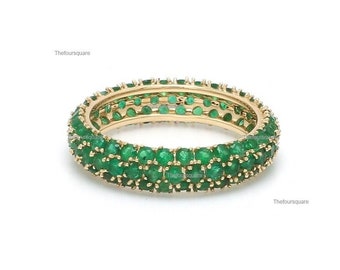 Drei-Schicht-Smaragd Eternity Band, mit Smaragd besetzte Hochzeitsband, 14k Solid Gold Natural Smaragd Band, Mai Birthstone Ring, stapelbar Band