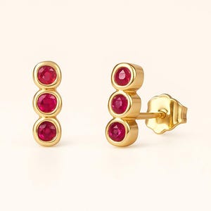 Genuine Ruby Gemstone Tiny Bar Three Stone Stud Earrings in Handmade 14k Solid Yellow Gold Minimalist Jewelry