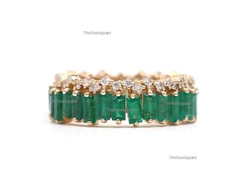 Baguette Emerald Zig Zag Eternity Band, Natural Emerald & Diamond Wedding Band, 14k Gold Unique Engagement Ring, Full Eternity Ring