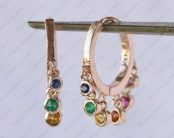 Multi Sapphire Dangle Hoops, 14k Gold Drop Huggie Earrings, Dainty Colorful Gemstone Hoops, Minimalist Everyday Jewelry Gift for Her
