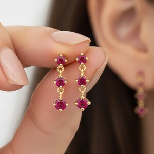 Genuine Ruby Gemstone Tiny Drop  Three Stone Stud Earrings in Handmade 14k Solid Yellow Gold/Gift For Wedding Anniversary For Wife, Sister .