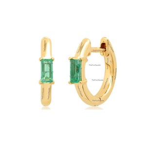 Solitaire Baguette Emerald Hoop | Solid 14k Yellow Gold Earring | Gemstone 4 Prong Huggie Hoops | Anniversary, Birthday Gift Fine Jewelry