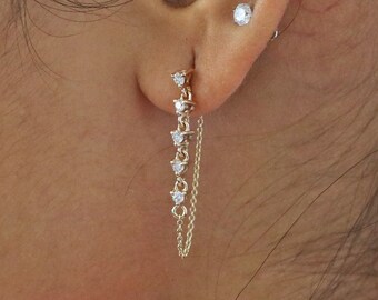 Diamond Drop Chain Earring, 14k Solid Gold 5 Diamond Wrap Chain Earring, Christmas Gift, 5 Natural Diamond Drop Earrings, Handmade jewelry