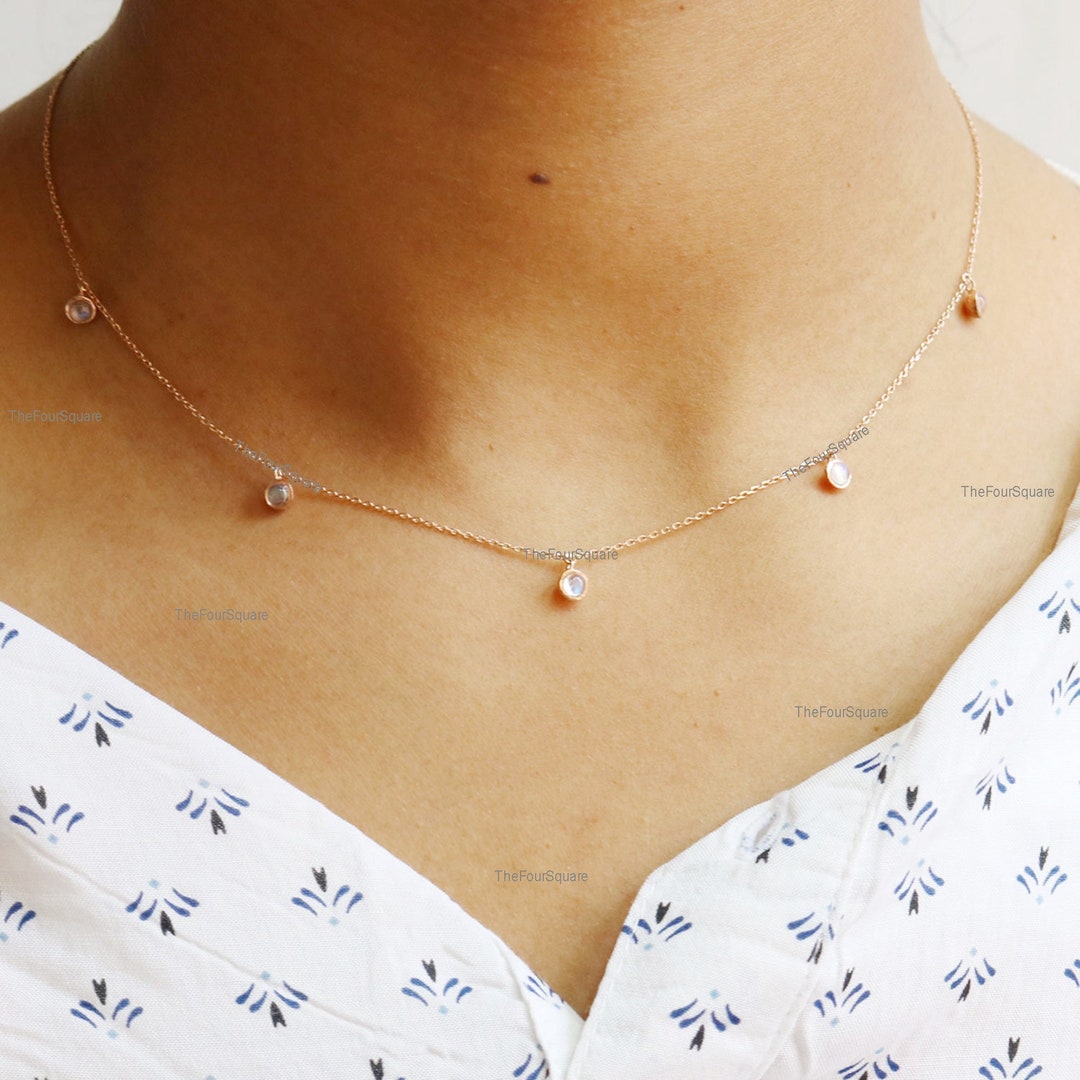 Drop Choker 5 Moonstone Drop Choker Necklace/14k Yellow Gold Bezel Set Necklace ...