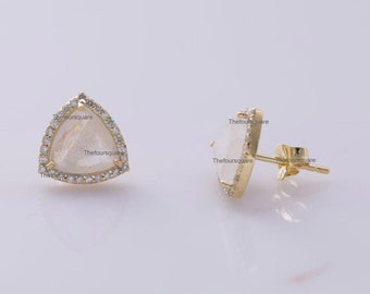 Trillion Shape Moonstone Studs & 0.29 ct Diamond Pave Rose Gold Earrings, Dainty Natural Rainbow Studs, Moonstone And Diamond Halo Studs