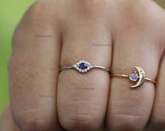 14k White Gold Evil Eye Ring Studded with Diamonds & Blue Sapphire, Dainty Ring, Stack Ring Fine Jewelry