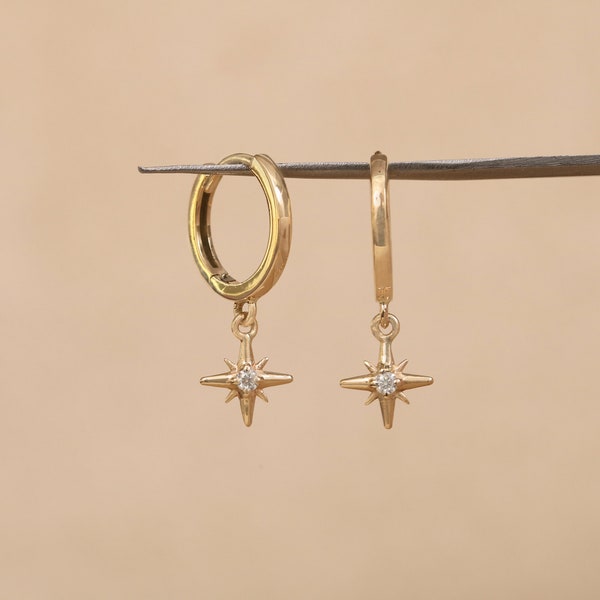 Solitaire Diamond Starburst Drop Hoop Earrings, Earlobe Minimalist Dangling Earrings, 14k Gold Huggie Hoops, Natural Diamond Huggie