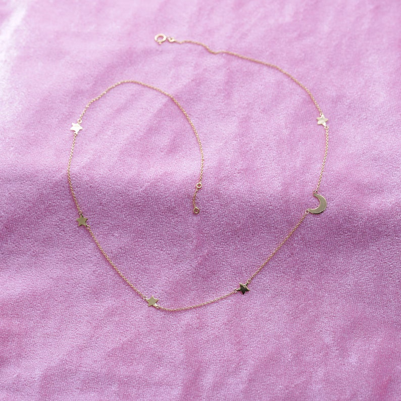 Twinkle Star Delicate Necklace 14K Yellow Gold Jewelry For Chrismas Gift Stra n Moon Station Necklace
