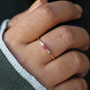 Delicate Ruby Stackable Ring, Tiny Baguette Ring, Three Stone Ring, 14k Gold Natural Diamond Ring, Wedding Band Ring, Anniversary Gift