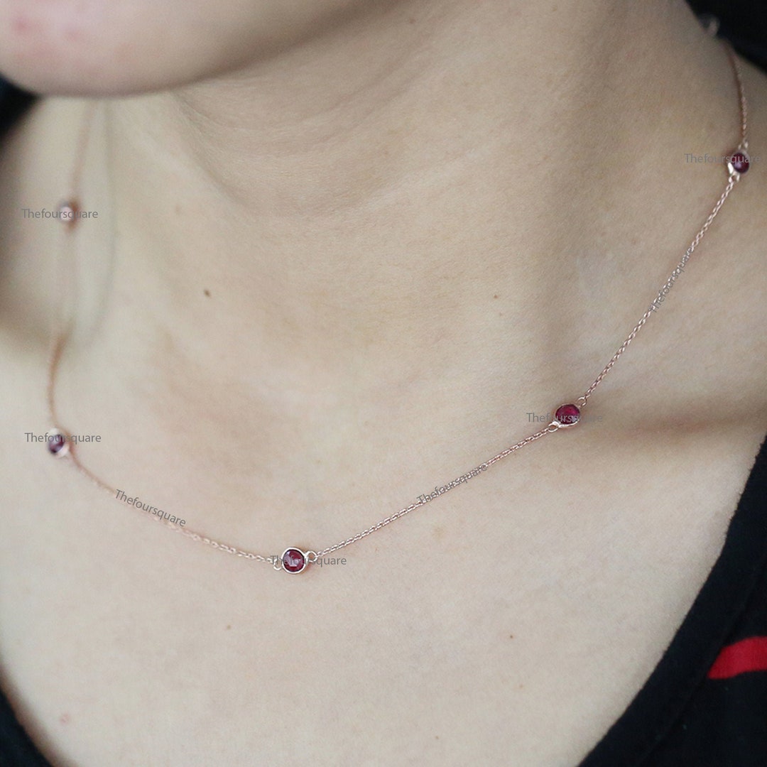7 Natural Ruby Station Necklace, 14K Rose Gold Seven Stone in Bezel ...