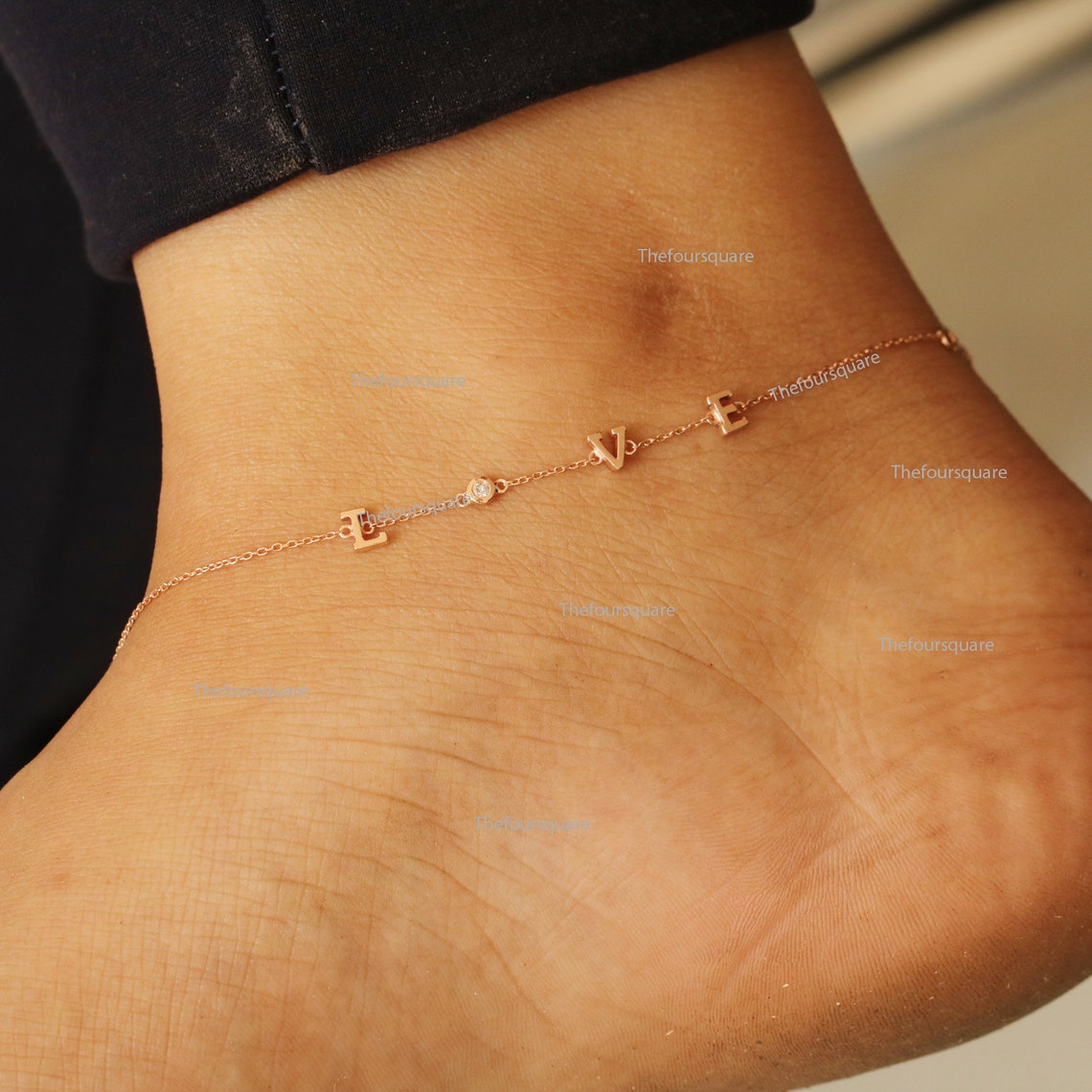 Love Diamond Chain Anklet 14K Yellow Gold Delicate Chain Etsy