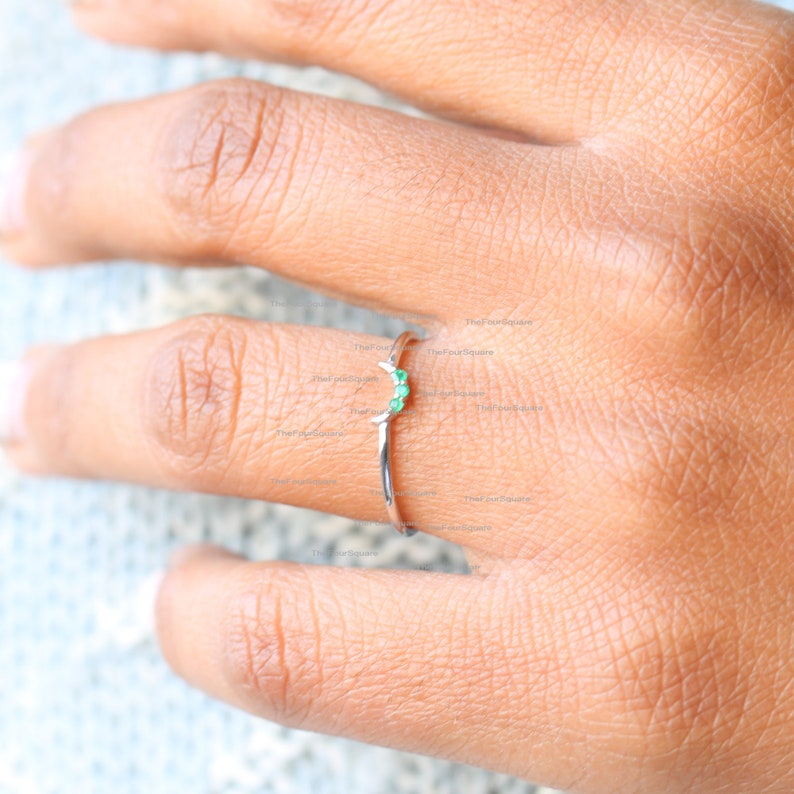 14k Gold Wedding tiny Band Dainty Ring Emerald crescent Promise Ring Yellow Gold Ring Fine Jewelry For Women