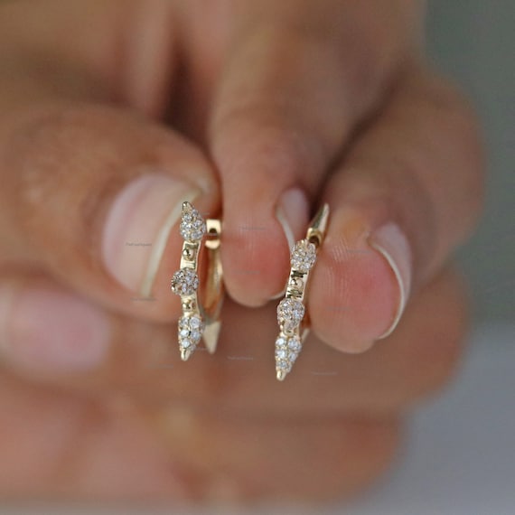 Natural Pave Diamonds Spike Hoops/ Solid 14k Yellow Gold Earring/3 Diamonds Spike and 3 Gold Plain Spike Huggie Hoops/ Anniversary Best Gift