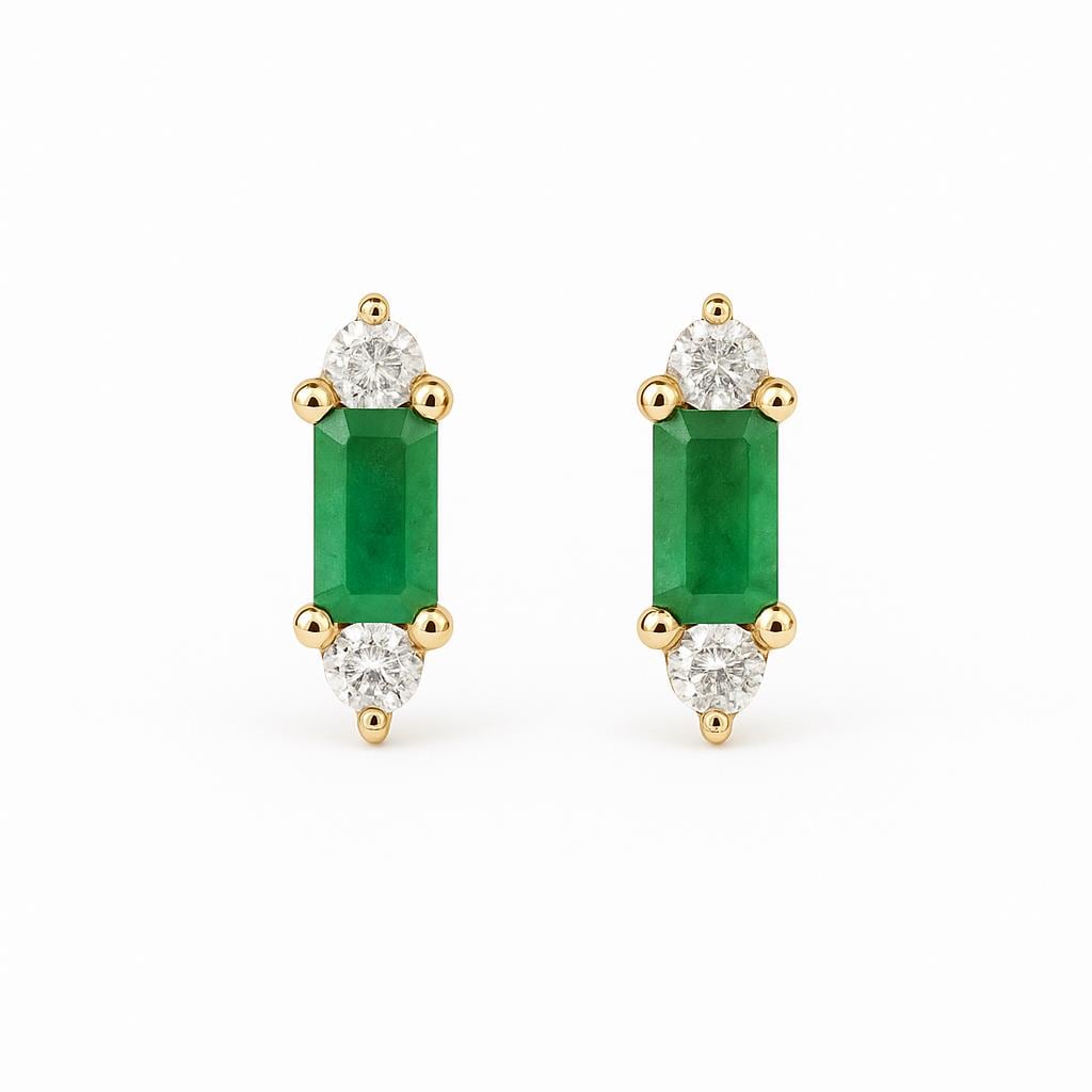 14k Solid Gold Emerald Earrings | 2 Diamonds Stud Earring | Small Emerald and diamond Tiny Stud | Minimalist Emerald Earring | Fine Jewelry