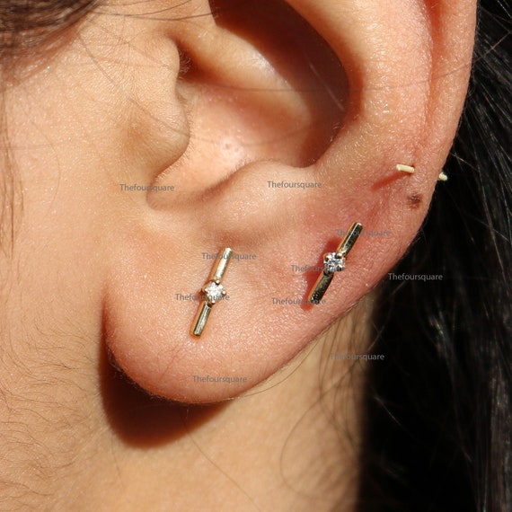 Solid 14K Yellow Gold Bar Studs, Diamond Line Stud Earrings, Bar