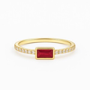 Baguette Ruby stapelbare bandring, natuurlijke diamanten trouwring, roze robijnband, cadeau voor haar, fijne sieraden, belofteband, petite band