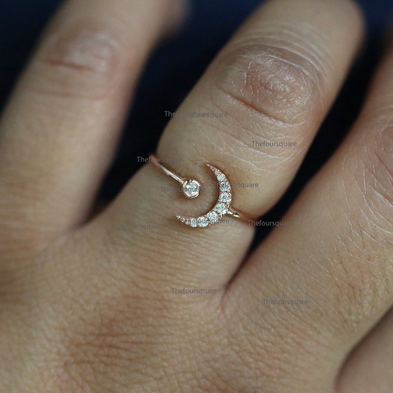 Cluster Ring Rose Gold Ring Fine Jewelry For Women 14k Gold Open Half Moon Dainty Ring Diamond Studded Crescent Moon Cuff Ring