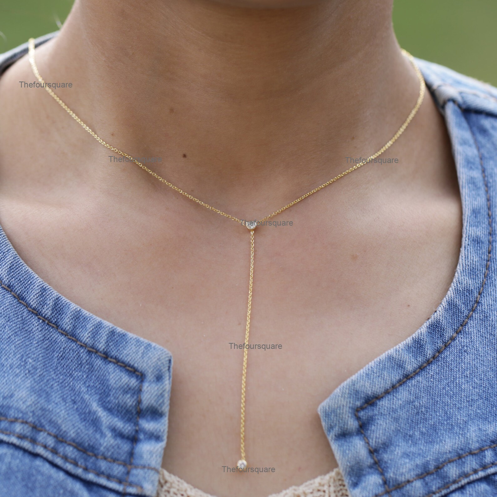 Diamond Lariat 14k Necklace Yellow Gold Bezel Set Diamond Etsy