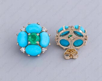 Natural Turquoise & Diamond Oval Cabochon Stud Earrings, 14k Gold Zambian Emerald Earrings, Halo Stud Earrings, December Birthstone Earrings