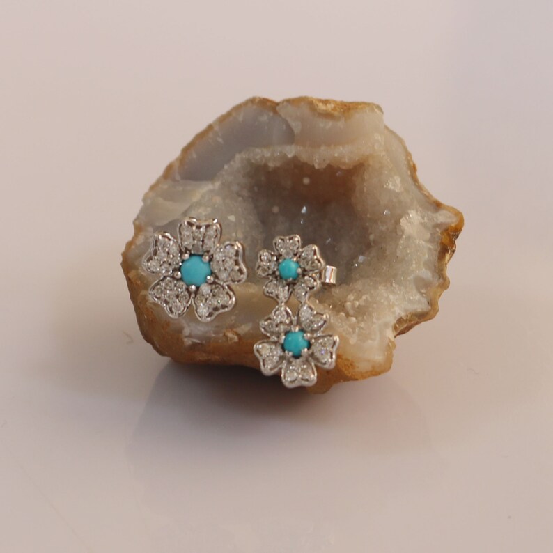 Christmas 14K Yellow Gold Floral Turquoise Dainty Earrings Her Gift for Wife Birthday Gift Studs Mom Natural SI 0.30ct Diamond Studs