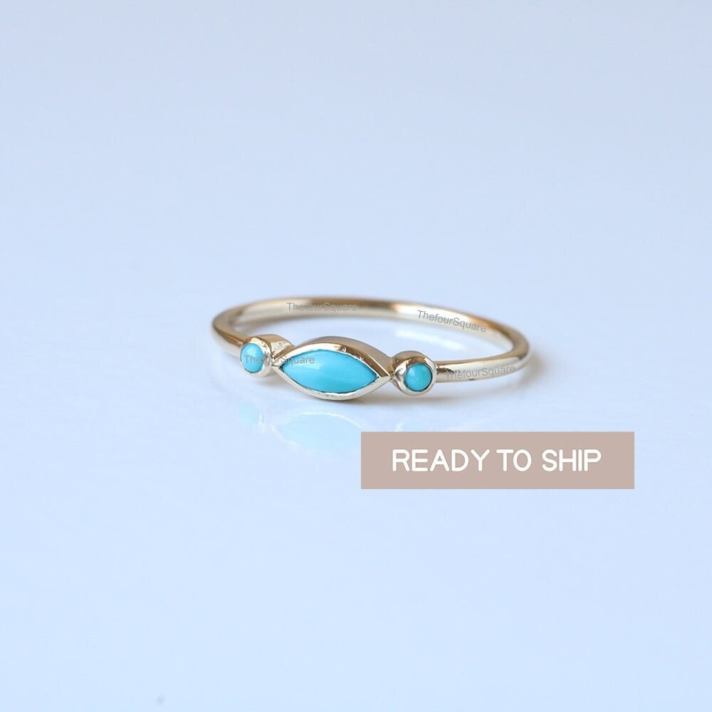 3 Turquoise Gemstone Ring, 14K Yellow Gold Dainty Ring, Birthstone Ring, Stackable Bezel Ring For Her, Women Fine Jewelry