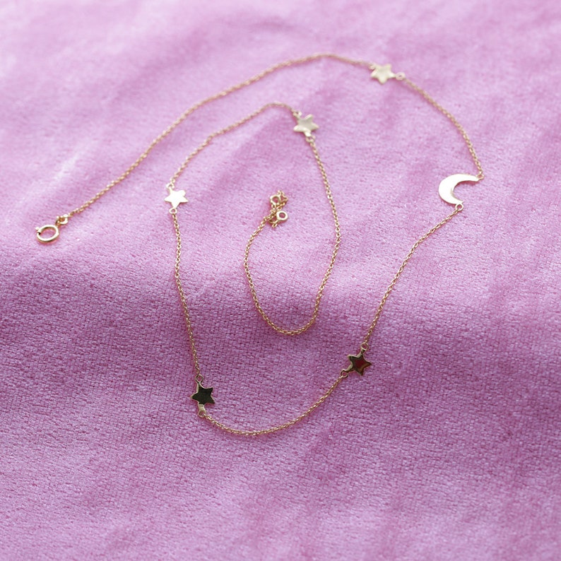 Twinkle Star Delicate Necklace 14K Yellow Gold Jewelry For Chrismas Gift Stra n Moon Station Necklace
