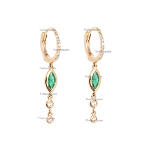 Solid 14k Yellow Gold Christmas Earrings/ Marquise Emerald & Natural Diamonds Bezel Set Hoops Drop Chain Earrings/ Gift For Her Jewelry