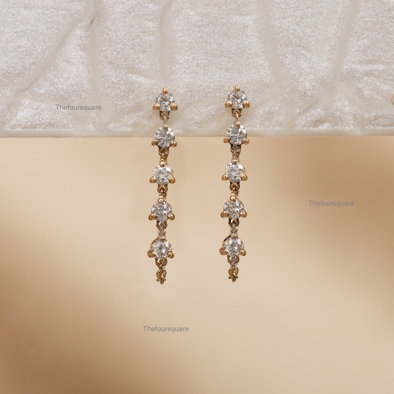 Diamond Drop Chain Earring, 14k Solid Gold 5 Diamond Wrap Chain Earring, Christmas Gift, 5 Natural Diamond Drop Earrings, Handmade jewelry