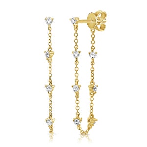 Natural Diamond Drop Chain Earrings, 14k Solid Gold 7 Diamond Chain Stud Earrings, Earlobe Jewelry, Connected Chain Earrings, Christmas Gift
