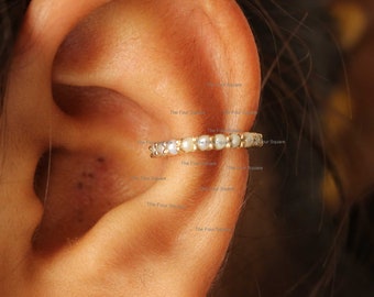 Natural Pearl Gemstone Studded 14k Yellow Gold Ear Cuffs, Yellow Gold Dainty Ear Climber Earrings, Mom, Her, Wife Gift
