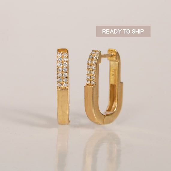 Diamond Lock Hoop Earrings, 14k Solid Gold Rectangle Huggies, Micro Pave Diamond Earrings, Anniversary Gift, Art Deco Earrings, Gift For Her