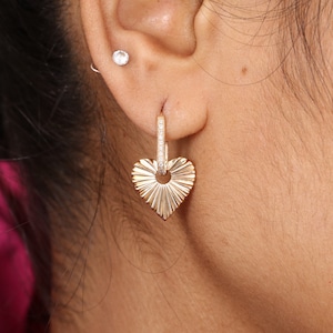 Heart Drop Hoop Earrings, Natural Diamond 14k Gold Dangle Huggies, Fluted Heart Charm Earring, Perfect Gift For Anniversary, Valentine's Day