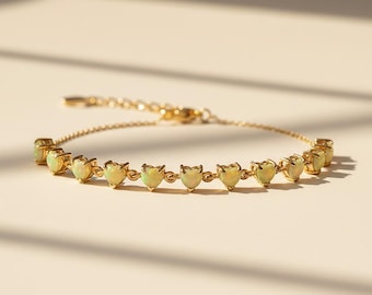 Solid 14k Yellow Gold Dainty Love Bracelet, Ethiopian Opal Gemstones Half Tennis Bracelet, Valentine's Day Fine Gift Jewelry