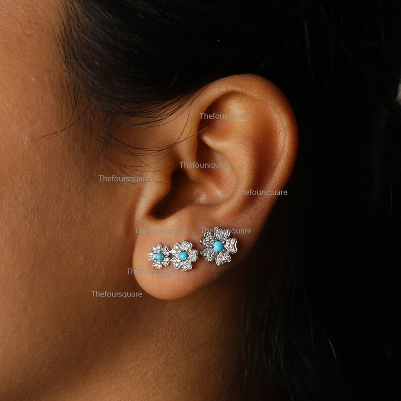 Christmas 14K Yellow Gold Floral Turquoise Dainty Earrings Her Gift for Wife Birthday Gift Studs Mom Natural SI 0.30ct Diamond Studs
