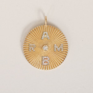 Diamond Fluted Disc Pendant, 14k Gold Natural Diamonds Initial Pendant, Personalize Pendant, Round Disc Alphabet Charm, Pendant For Necklace