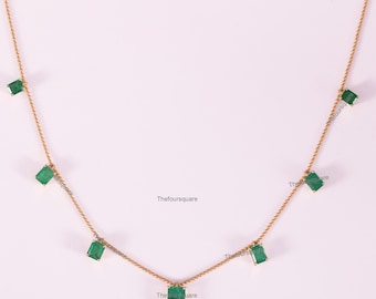 Zambian Emerald Necklace, 14k Solid Gold Beaded Chain Necklace, Delicate Station Necklace, Seven Octagon Emerald Necklace, Anniversary Gift