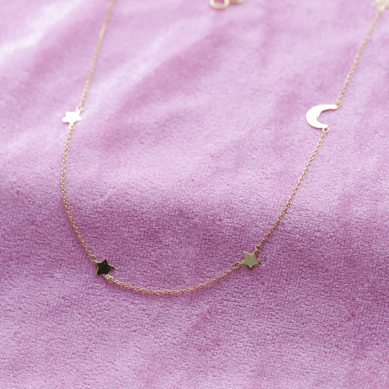 Twinkle Star Delicate Necklace 14K Yellow Gold Jewelry For Chrismas Gift Stra n Moon Station Necklace