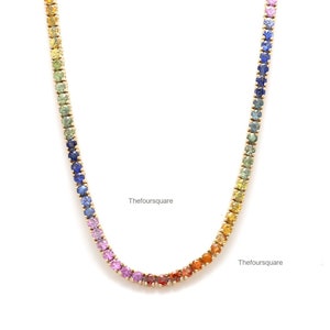 Regenbogen Saphir Choker Halskette, 14k Gold Multi Saphir Tennis Halskette, Hochzeitskette, bunte Halskette, Geburtstagsgeschenk für Frauen