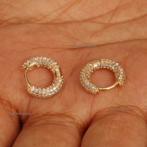 Diamond Mini Hoop, Natural Diamond Cartilage Hoop Earrings, Micro Pave Diamond Hoop, 14k Gold Five Layer Hoop. Wedding Huggie Earrings