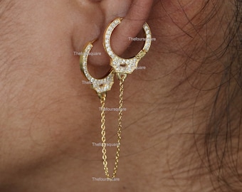 Solid 14k Yellow Gold Dainty Hand Cuff Earrings/ Natural Diamonds Chain Earrings/ Gift For Her Handmade Fine Jewelry, Anniversary Gift .