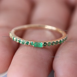 Baguette & Round Emerald Ring, Dainty For Women, 14K Yellow Gold gemstone Studded Half Eternity wedding Ring, Fine Jewelry For Women