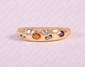 Multi Stone Dome Ring, Flush Set Colorful Ring, Cocktail Ring, 14k Solid Gold Wedding Ring, Midi Ring, Art Deco Ring, Multi Shape Ring