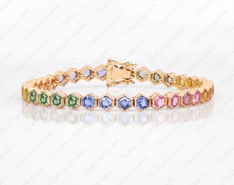 Rainbow Sapphire Hexagon Wedding Bracelet, Colorful Tennis Bracelet, Bridal Gift, 14k Gold Bezel Set Unique Multi Gemstone Wrist Bracelet