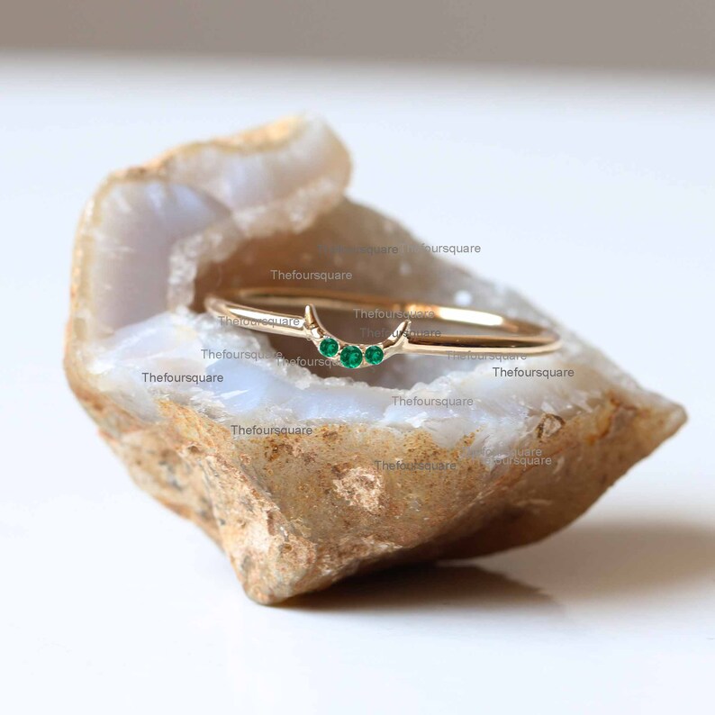 14k Gold Wedding tiny Band Dainty Ring Emerald crescent Promise Ring Yellow Gold Ring Fine Jewelry For Women