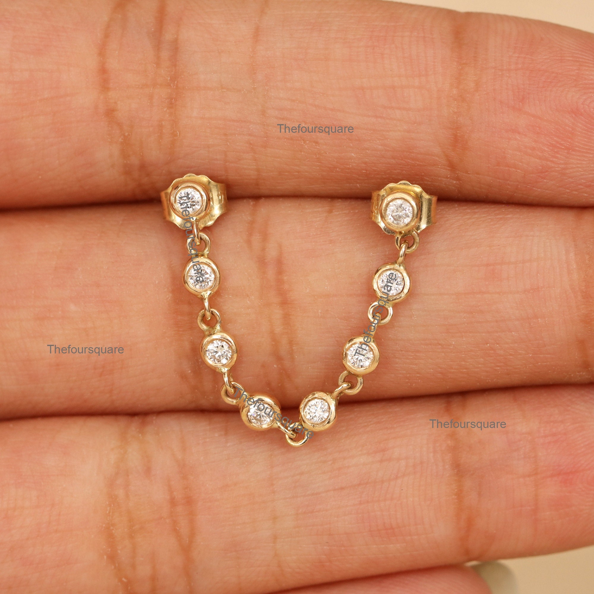 Natural Diamonds Wrap Chain Earring, Diamonds Double Piercing Earring, 14k Gold Drop Chain Link Earring, Best Gift For Anniversary