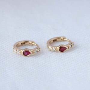 Solid 14k Yellow Gold Hoops/ Genuine Pear Ruby Gemstone Earring/ Natural Diamonds Huggie Hoops/ Gemstone and Diamonds Birthstone Jewelry