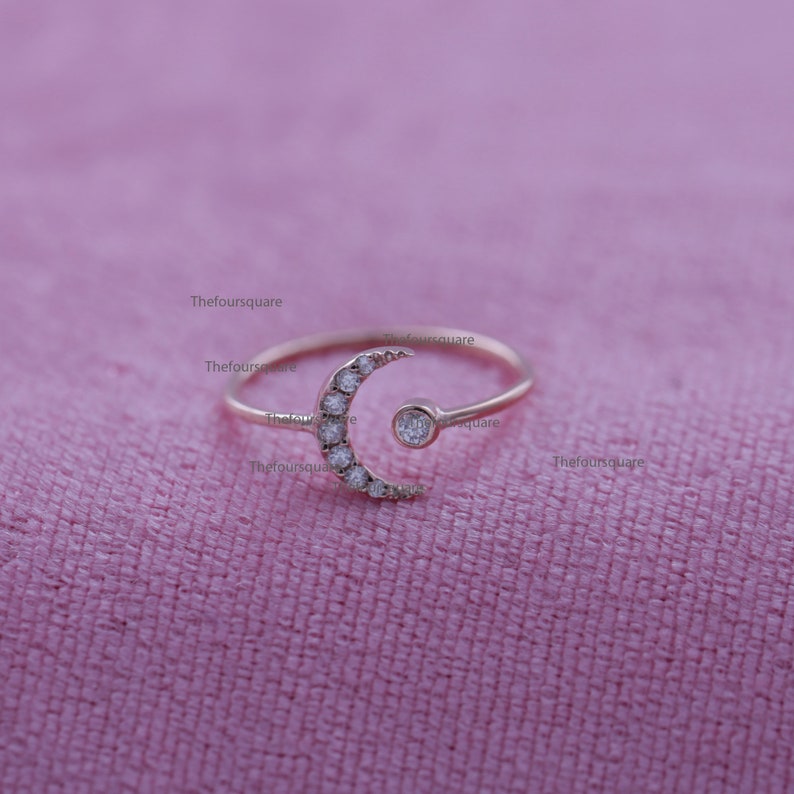 Cluster Ring Rose Gold Ring Fine Jewelry For Women 14k Gold Open Half Moon Dainty Ring Diamond Studded Crescent Moon Cuff Ring