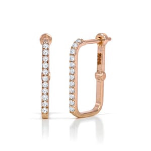 Diamond Rectangle Hoop Earring, 14k Gold Paperclip Design Earrings, Statement Earrings, Natural Diamond Wedding Earrings, Party Wear Hoops