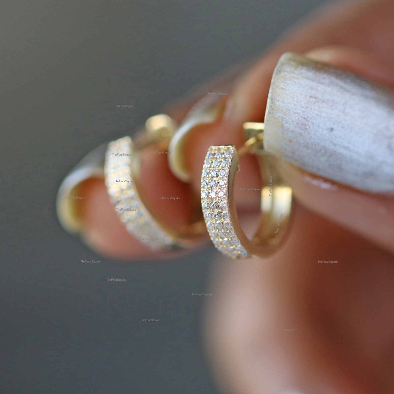 Solid 14k Yellow Gold 3 Row Hoops, Natural Diamonds Huggie Hoops ...